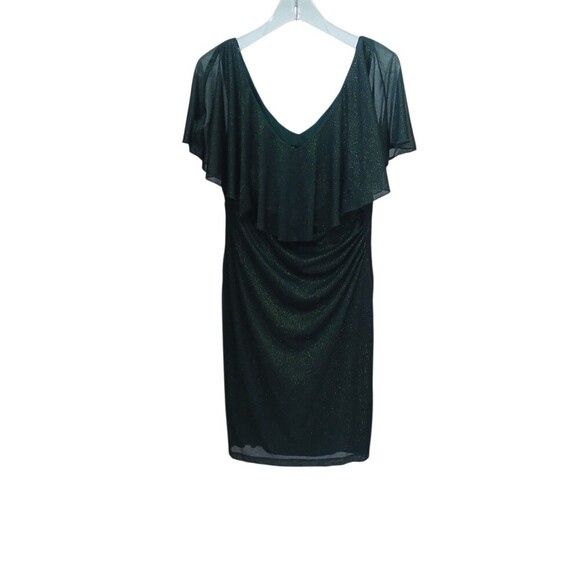 connected apparel Dresses & Skirts - Connected Apparel Green Glitter Dress Size 10 Ruched Flutter Sleeve V Neck Party